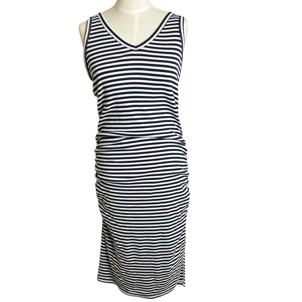 A New Day Navy & White Striped Sleeveless V-Neck Dress with Ruching